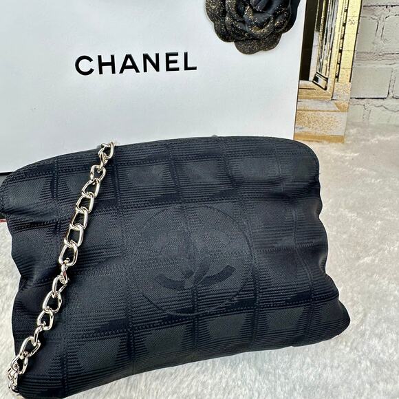 CHANEL Black Canvas New Travel Line Pouch wristlet, Crossbody Bag with Chains - Picture 7 of 16